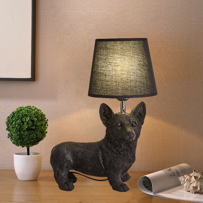 Traditional Black Drum Nightstand Lamp: Fabric Table Light With Resin Dog Base / A