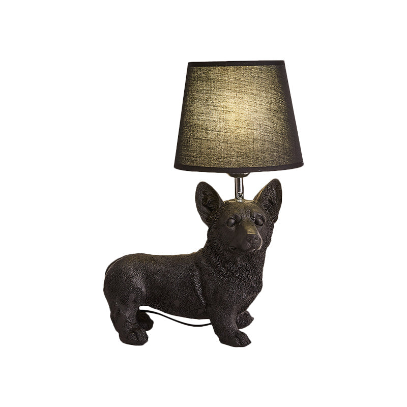 Traditional Black Drum Nightstand Lamp: Fabric Table Light With Resin Dog Base