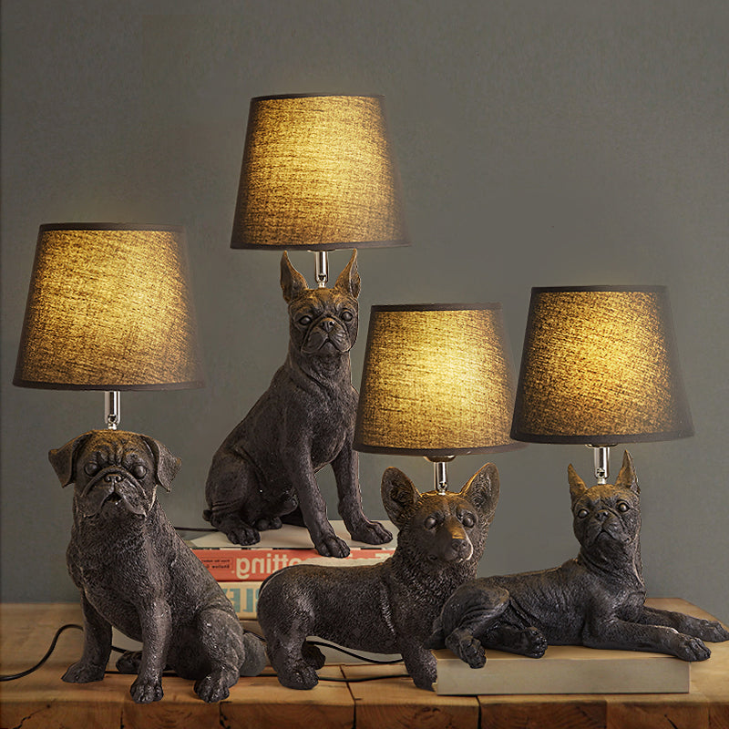 Traditional Black Drum Nightstand Lamp: Fabric Table Light With Resin Dog Base