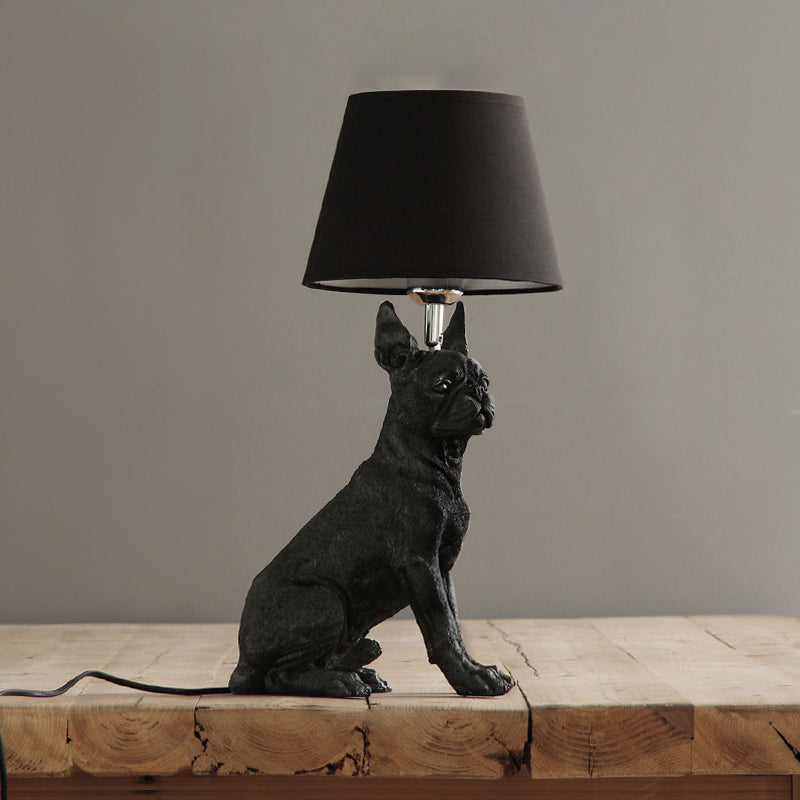 Traditional Black Drum Nightstand Lamp: Fabric Table Light With Resin Dog Base / E