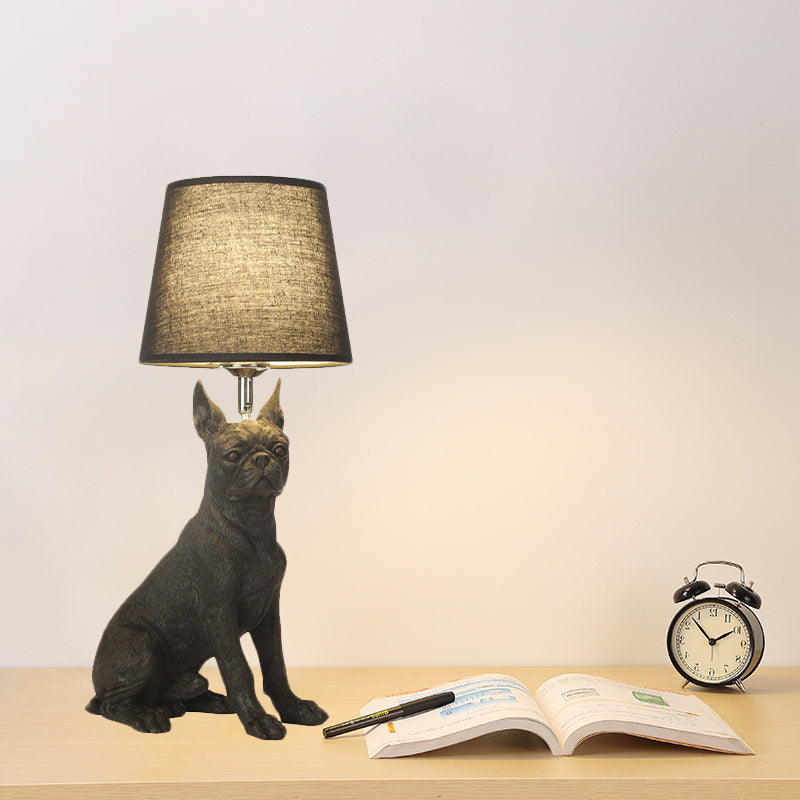 Traditional Black Drum Nightstand Lamp: Fabric Table Light With Resin Dog Base