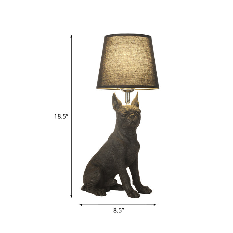 Traditional Black Drum Nightstand Lamp: Fabric Table Light With Resin Dog Base