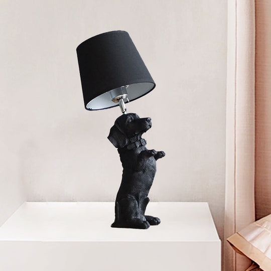 Traditional Black Drum Nightstand Lamp: Fabric Table Light With Resin Dog Base