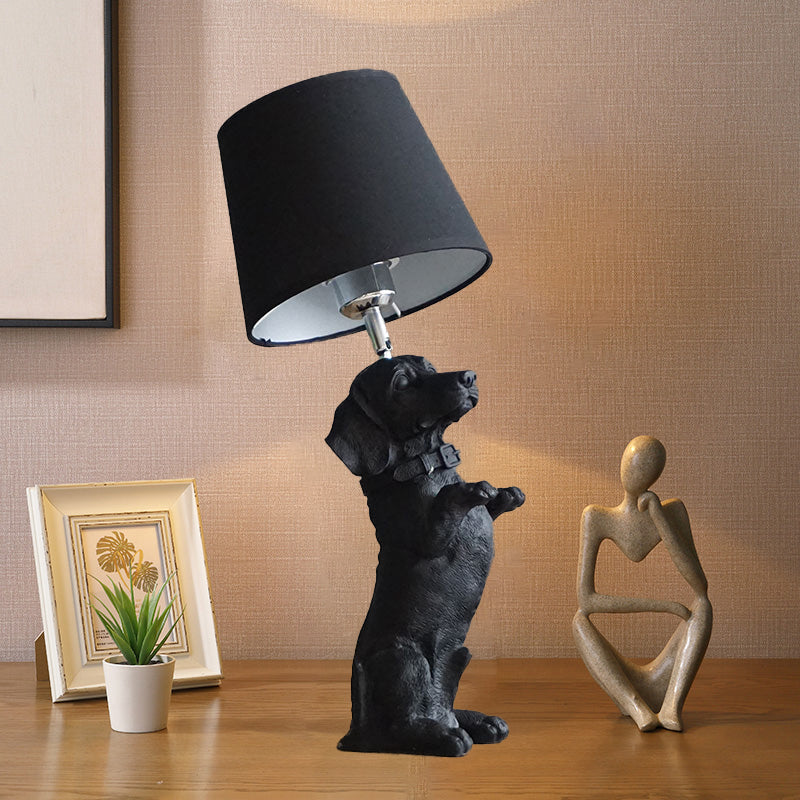 Traditional Black Drum Nightstand Lamp: Fabric Table Light With Resin Dog Base