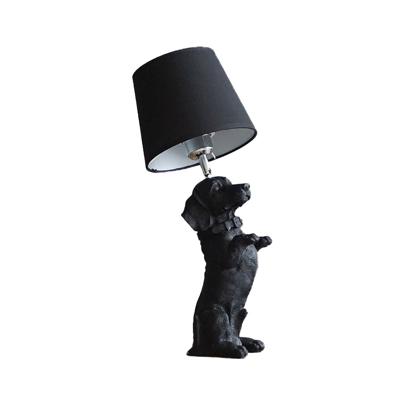 Traditional Black Drum Nightstand Lamp: Fabric Table Light With Resin Dog Base