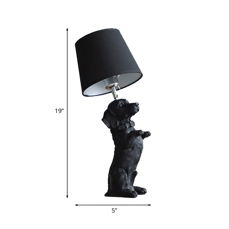 Traditional Black Drum Nightstand Lamp: Fabric Table Light With Resin Dog Base