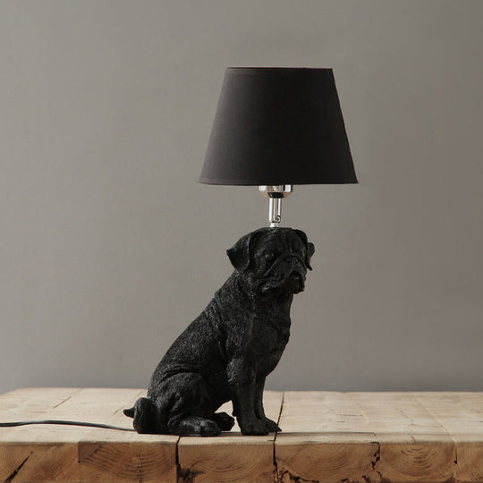 Traditional Black Drum Nightstand Lamp: Fabric Table Light With Resin Dog Base / D