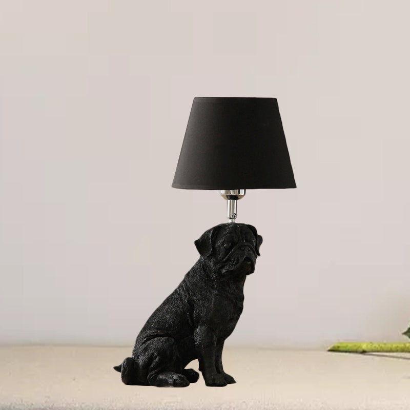 Traditional Black Drum Nightstand Lamp: Fabric Table Light With Resin Dog Base