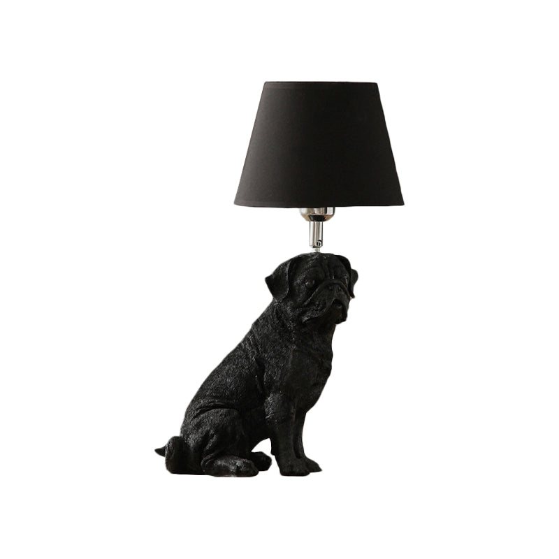 Traditional Black Drum Nightstand Lamp: Fabric Table Light With Resin Dog Base