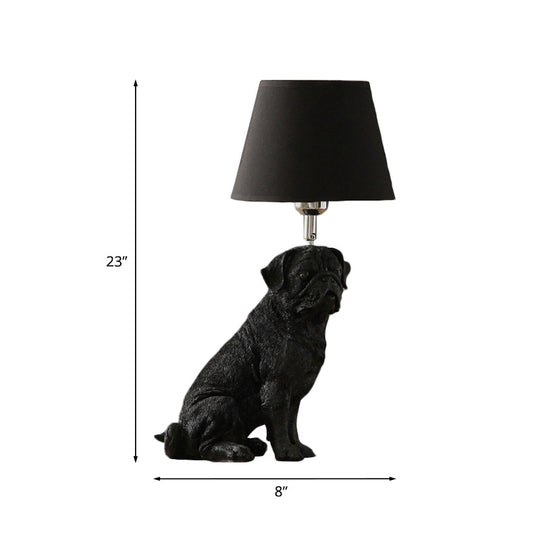 Traditional Black Drum Nightstand Lamp: Fabric Table Light With Resin Dog Base