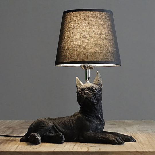 Traditional Black Drum Nightstand Lamp: Fabric Table Light With Resin Dog Base / B