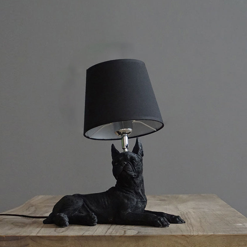 Traditional Black Drum Nightstand Lamp: Fabric Table Light With Resin Dog Base