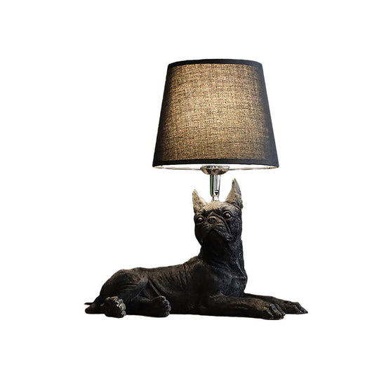 Traditional Black Drum Nightstand Lamp: Fabric Table Light With Resin Dog Base