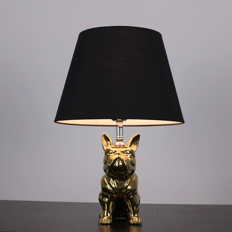 Traditional Resin Dog Nightstand Lamp For Bedroom - Silver/Gold 1 Head Conical Fabric Shade