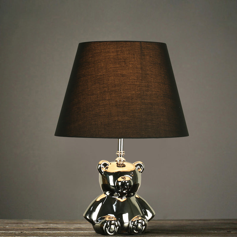 Countryside Ceramic Bear Table Light With Silver/Gold Night Lighting Tapered Drum Fabric Shade