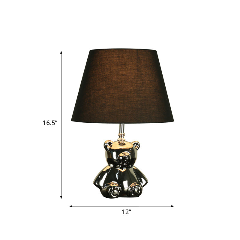 Countryside Ceramic Bear Table Light With Silver/Gold Night Lighting Tapered Drum Fabric Shade