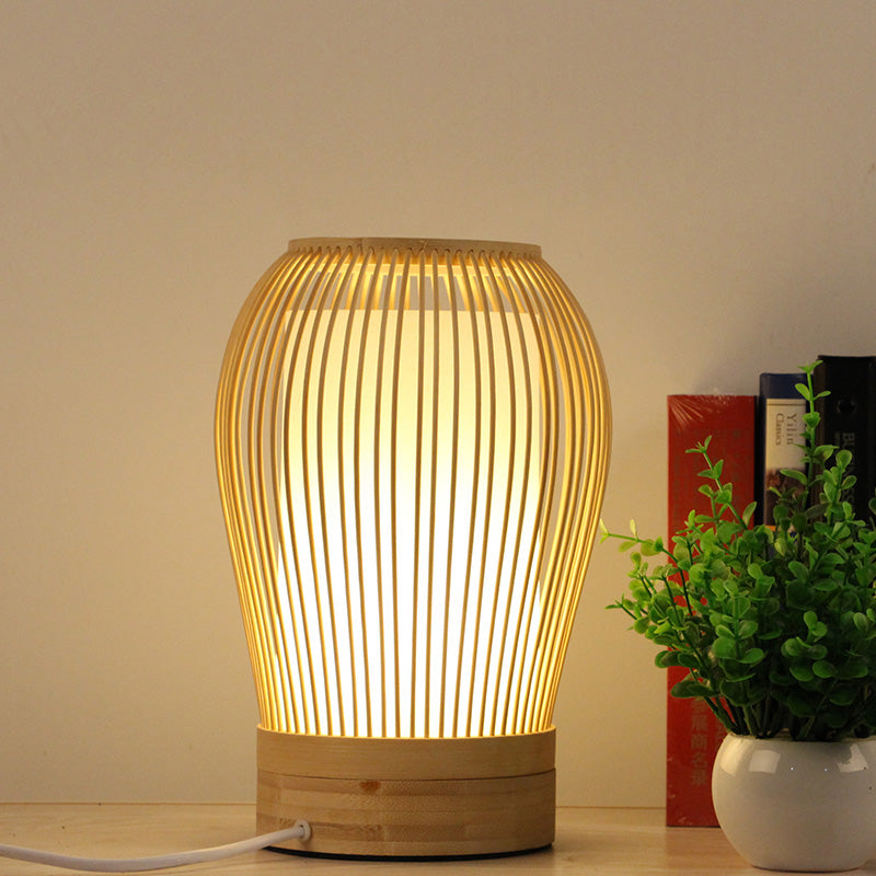 Japanese Small Desk Lamp With Bamboo Shade - White Droplet Task Lighting For Bedside