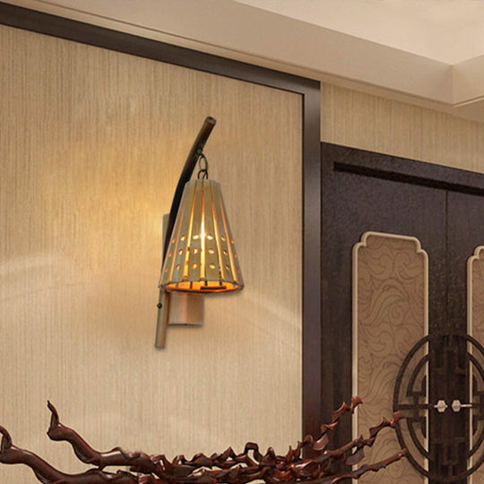 Japanese Tapered Wood Sconce - Beige Wall Mounted Light Fixture For Restaurants