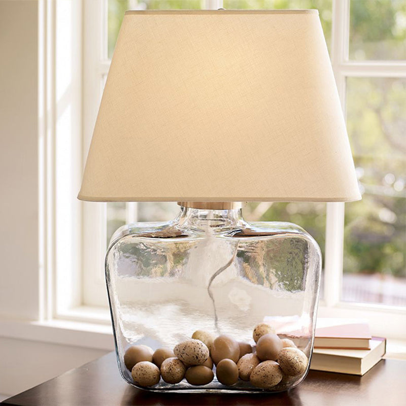 Farmhouse Jar Table Lamp: Clear Glass Night Light With White Fabric Shade