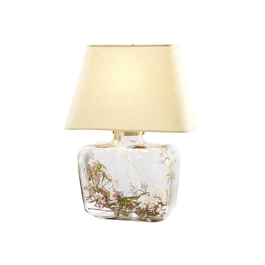 Farmhouse Jar Table Lamp: Clear Glass Night Light With White Fabric Shade