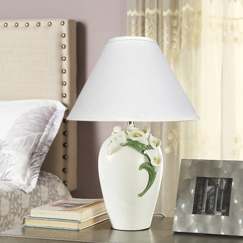 White Resin Calla Lily Table Light - Country Style Bedside Lamp With Cone Fabric Shade