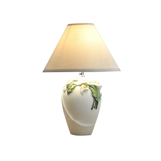 White Resin Calla Lily Table Light - Country Style Bedside Lamp With Cone Fabric Shade