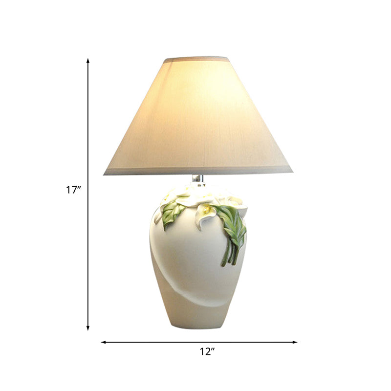 White Resin Calla Lily Table Light - Country Style Bedside Lamp With Cone Fabric Shade