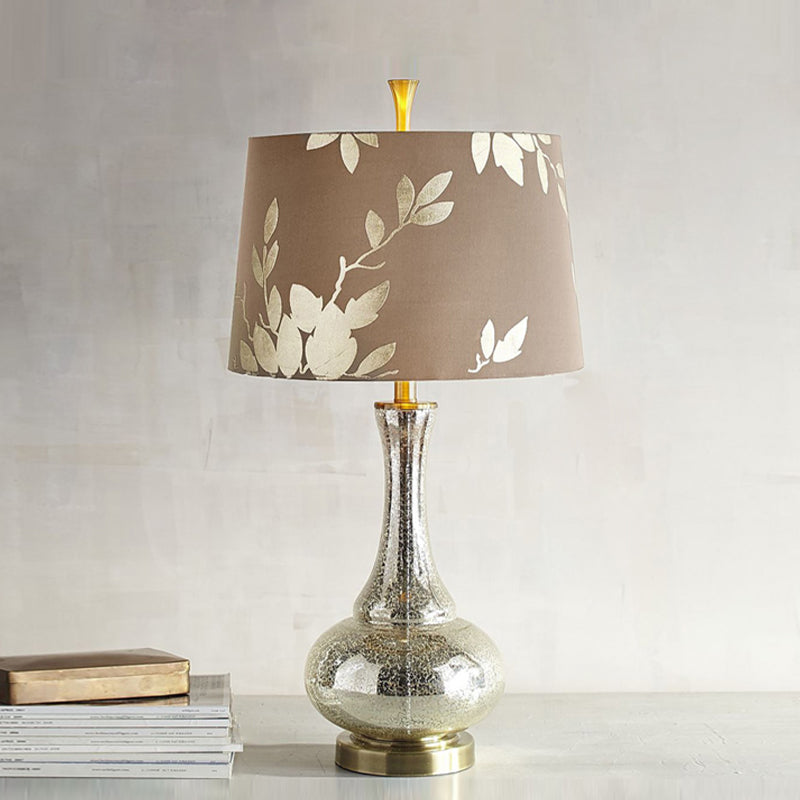 Silver Glass Night Table Lamp With Print Fabric Shade - Elegant Lighting For Living Room Ambiance