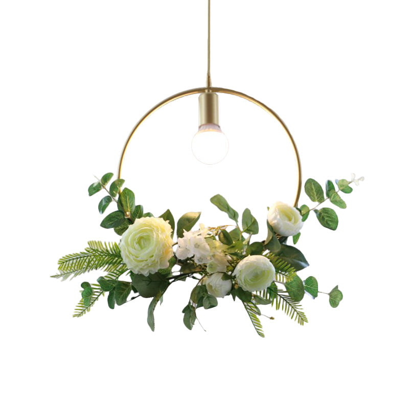 Rustic Green 1-Light Metallic Pendant Ceiling Lamp With Fake Floral Design / Round