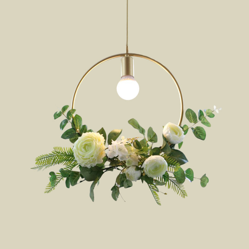 Green Farmhouse Fake Floral Ceiling Lamp: 1-Light Metallic Pendant with Triangle/Square/Linear Frame