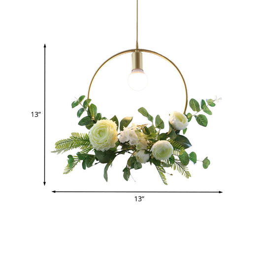 Green Farmhouse Fake Floral Ceiling Lamp: 1-Light Metallic Pendant with Triangle/Square/Linear Frame