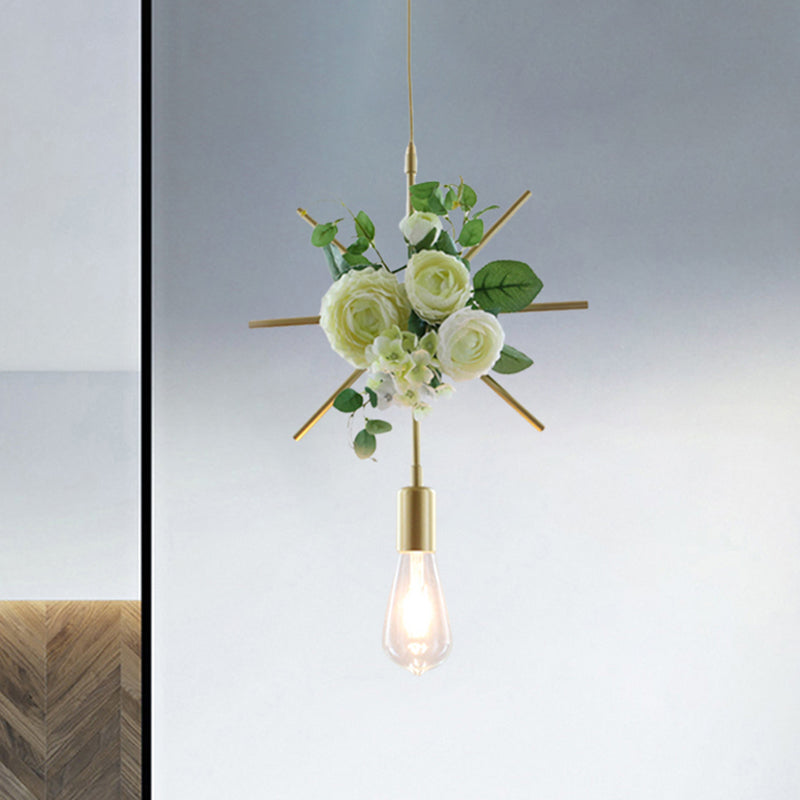 Green Farmhouse Fake Floral Ceiling Lamp: 1-Light Metallic Pendant with Triangle/Square/Linear Frame