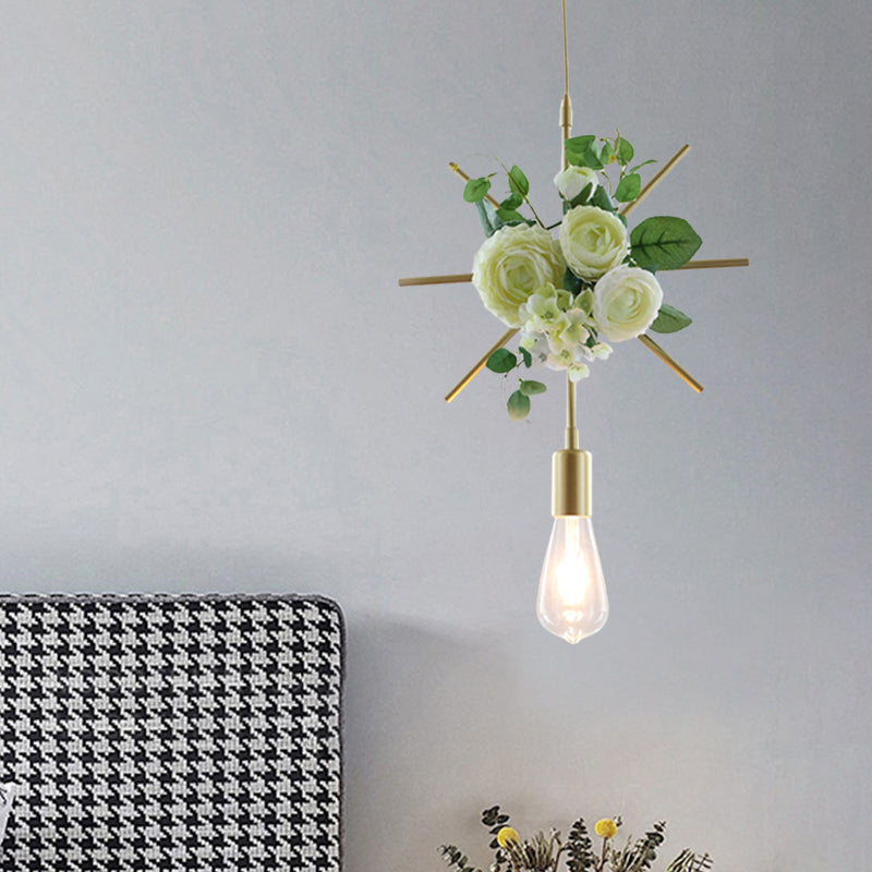 Green Farmhouse Fake Floral Ceiling Lamp: 1-Light Metallic Pendant with Triangle/Square/Linear Frame