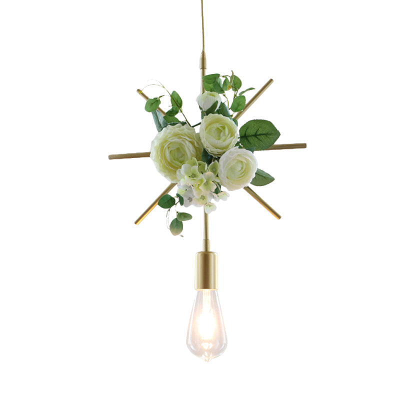 Green Farmhouse Fake Floral Ceiling Lamp: 1-Light Metallic Pendant with Triangle/Square/Linear Frame