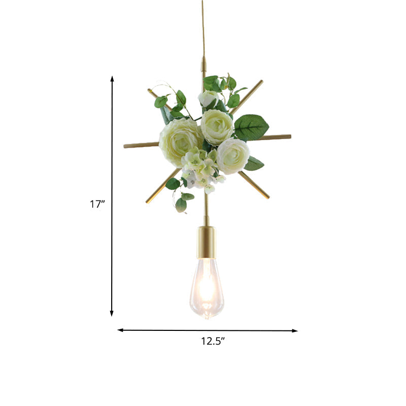 Green Farmhouse Fake Floral Ceiling Lamp: 1-Light Metallic Pendant with Triangle/Square/Linear Frame