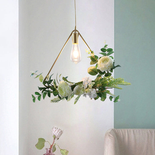 Green Farmhouse Fake Floral Ceiling Lamp: 1-Light Metallic Pendant with Triangle/Square/Linear Frame