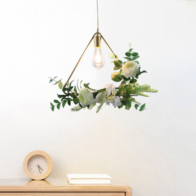 Green Farmhouse Fake Floral Ceiling Lamp: 1-Light Metallic Pendant with Triangle/Square/Linear Frame