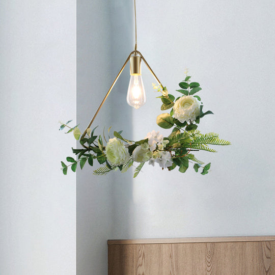 Green Farmhouse Fake Floral Ceiling Lamp: 1-Light Metallic Pendant with Triangle/Square/Linear Frame