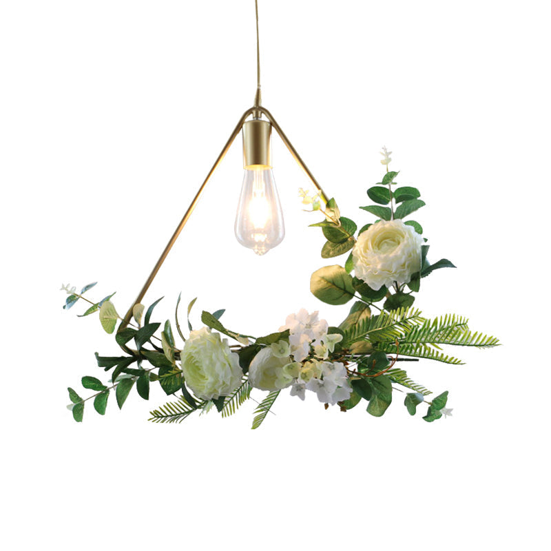 Rustic Green 1-Light Metallic Pendant Ceiling Lamp With Fake Floral Design