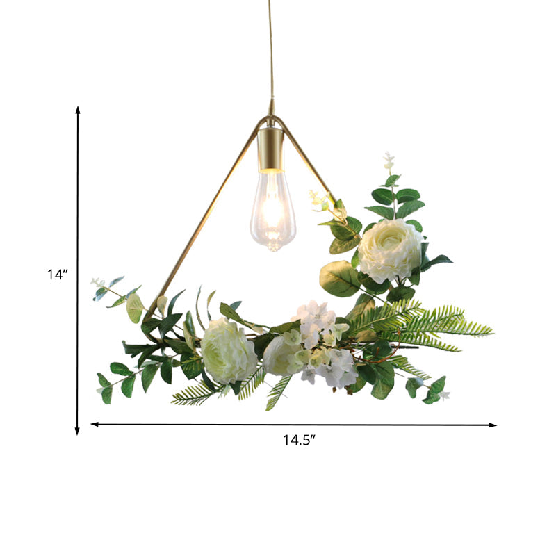 Green Farmhouse Fake Floral Ceiling Lamp: 1-Light Metallic Pendant with Triangle/Square/Linear Frame