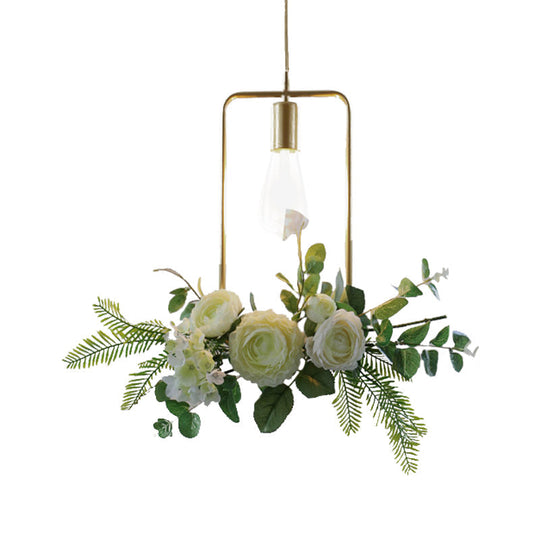 Green Farmhouse Fake Floral Ceiling Lamp: 1-Light Metallic Pendant with Triangle/Square/Linear Frame