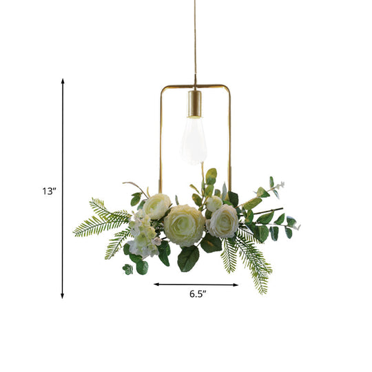 Rustic Green 1-Light Metallic Pendant Ceiling Lamp With Fake Floral Design