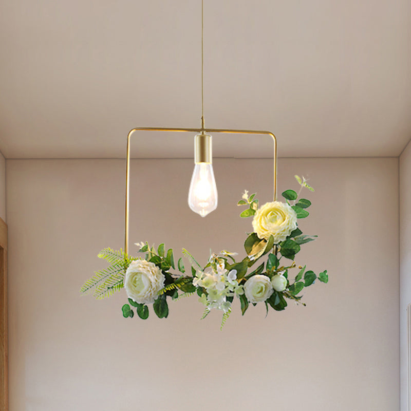 Green Farmhouse Fake Floral Ceiling Lamp: 1-Light Metallic Pendant with Triangle/Square/Linear Frame