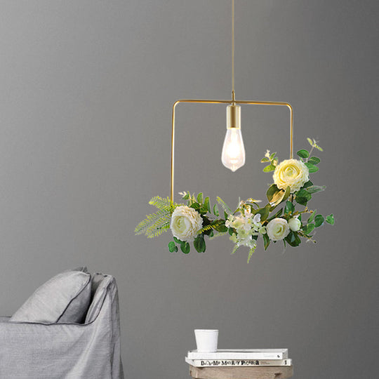 Green Farmhouse Fake Floral Ceiling Lamp: 1-Light Metallic Pendant with Triangle/Square/Linear Frame