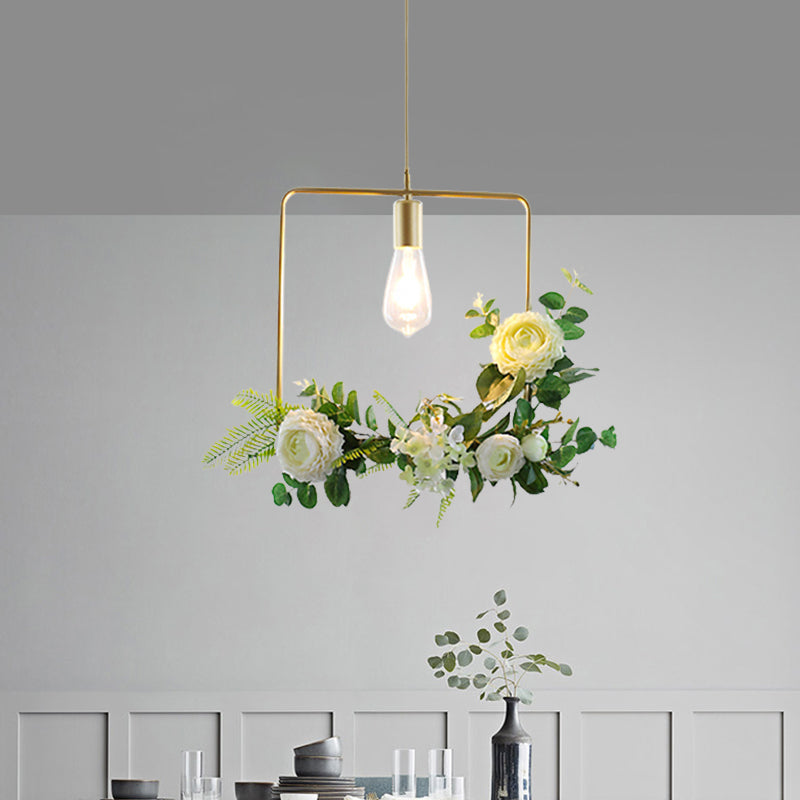 Green Farmhouse Fake Floral Ceiling Lamp: 1-Light Metallic Pendant with Triangle/Square/Linear Frame