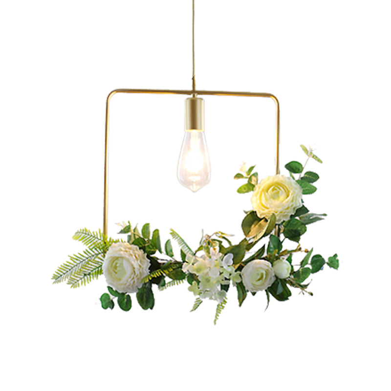 Green Farmhouse Fake Floral Ceiling Lamp: 1-Light Metallic Pendant with Triangle/Square/Linear Frame