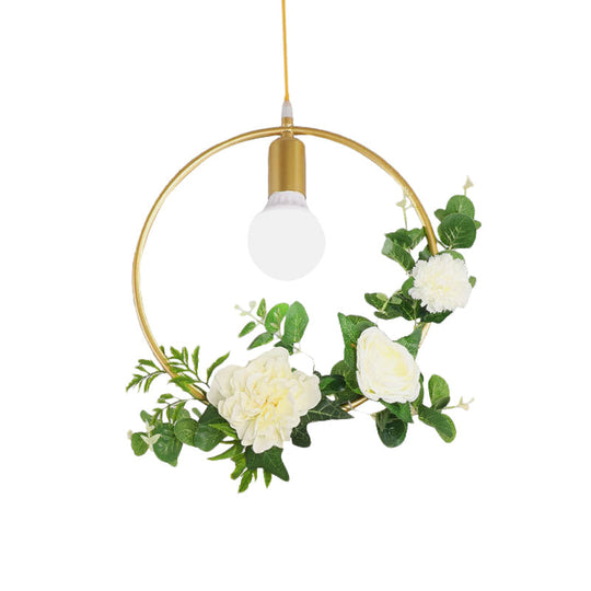 Gold Iron Rectangle/Round Frame Pendant Light with Artificial Bloom Deco - Stylish Suspended Ceiling Fixture