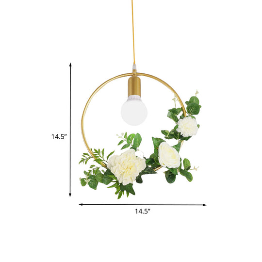 Gold Iron Rectangle/Round Frame Pendant Light with Artificial Bloom Deco - Stylish Suspended Ceiling Fixture