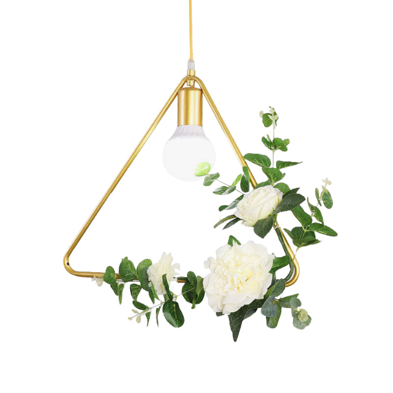 Gold Iron Rectangle/Round Frame Pendant Light with Artificial Bloom Deco - Stylish Suspended Ceiling Fixture