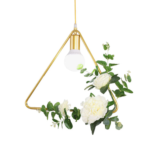 Gold Iron Rectangle/Round Frame Pendant Light with Artificial Bloom Deco - Stylish Suspended Ceiling Fixture